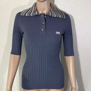 PXG Women’s S Grey Ribbed Knit Polo Sweater Contrast Collar 3/4 Sleeve Stretch